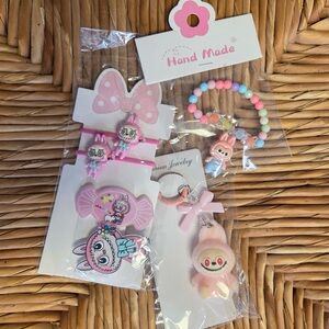 Pink labubu  Kids hair clip bundle with keychain and bracelet